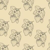 Strawberry seamless pattern, strawberries black line art illustration on beige background, hand drawn botanical outline sketch. Monochrome drawing. For digital background, packaging, textile. vector