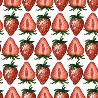 Seamless pattern with juicy strawberries and strawberry halves isolated on white background, hand drawn watercolor illustration. For background, fabric and textile, postcard, packaging. vector
