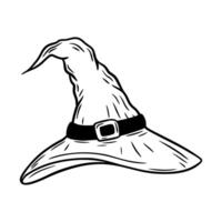 Halloween witch hat illustration in line art style. Graphic monochrome drawing. Hand drawn outline sketch, engraved illustration. Design element for coloring book page, invitation, decoration. vector