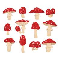 Set of red flat white fly agaric vibrant forest mushroom associated with fairytale imagery, folklore. Cartoon isolated illustrations on white background vector