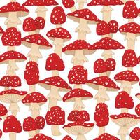 Seamless red beige pattern of set of fly agaric mushrooms on white background. Cartoon hand drawn amanita repeatable illustration for a wallpaper or wrapping paper print vector