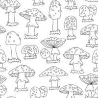 Black white outline doodle line seamless pattern of amanita mushrooms on white background. Cartoon hand drawn sketch illustration that can be used for coloring book, fabric, prints vector