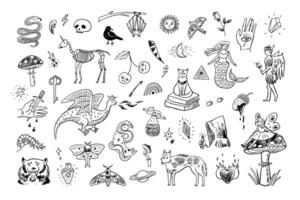 A black and white drawing of various animals and objects vector