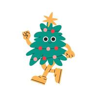 Cute smiling christmas tree. Funny childish fir tree with garlands. Christmas tree with faces in flat design. vector