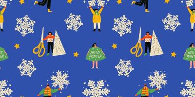 Winter seamless pattern with People with big snowflakes. Paper snowflake cutting colorful pattern.Trendy flat illustration. vector