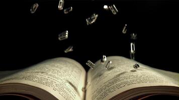 The fall of letters on the pages of the book. Filmed on a high-speed camera at 1000 fps. High quality FullHD footage video