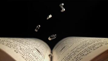 The fall of letters on the pages of the book. Filmed on a high-speed camera at 1000 fps. High quality FullHD footage video
