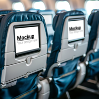 An airplane seat with a mockup of a tablet on it psd