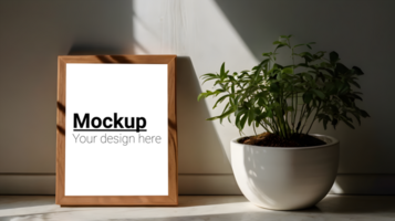 Mockup of a plant with a frame on a table psd
