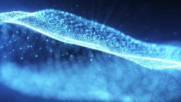 Abstract glowing wave of glitter particles and dots moving on a blue background, beautiful bokeh and shining pil particles, 3D, 4K, seamless loop video