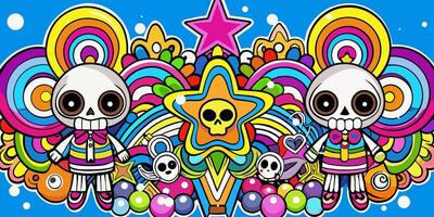 Abstract colorful graffiti background with skeleton characters. Colorful doodle illustration of skeleton vector