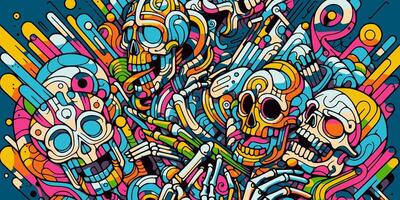 Abstract colorful skull graffiti background with skeleton characters. Doodle illustration in hand drawn style vector