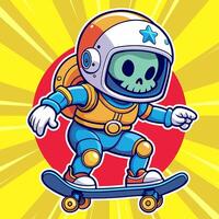 Cool skull astronaut playing skateboard with attractive pose in cartoon style vector