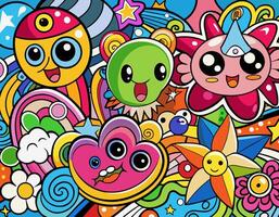 Abstract cartoon background with cute doodle characters in vibrant colors hand-drawn style vector