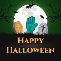 Halloween background with zombie hand and tombstone on full moon vector