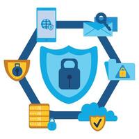 A blue and white image with a lock, a phone, and other security icons vector