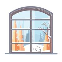 Winter window with snow and trees, illustration vector