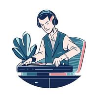 Dj in headphones working on a computer vector