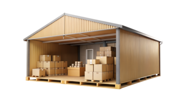 Storage facility with stacked boxes in a warehouse, cut out transparent png