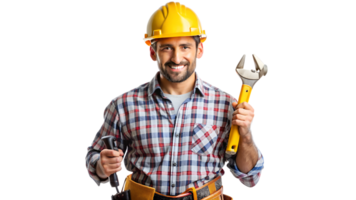 Worker smiles with tools in studio, cut out transparent png