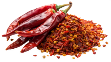 Red chili peppers and flakes on white, cut out transparent png