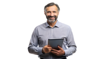 Man in a shirt smiles with a tablet indoors, cut out transparent png