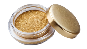 Golden shimmer powder in an open container, cut out transparent png