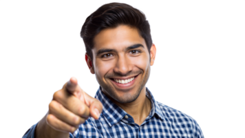Smiling man pointing confidently at the viewer, cut out transparent png