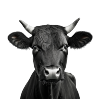 Close-up of a black cow against a white backdrop, cut out transparent png
