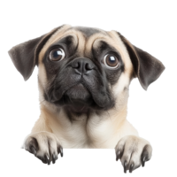Curious pug looking over a white surface indoors, cut out transparent png