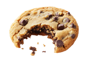 Delicious chocolate chip cookie with a bite taken, cut out transparent png