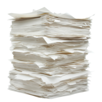 Large stack of unorganized paper in a workspace, cut out transparent png