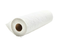 Roll of white paper towels on a clean surface, cut out transparent png