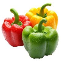 Fresh bell peppers with water droplets on display, cut out transparent png