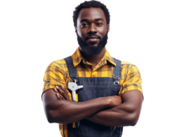 Confident worker in overalls with tools in hand, cut out transparent png