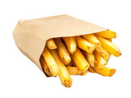 Crispy golden fries in a paper bag on a table, cut out transparent png