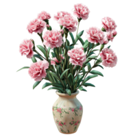 Pink carnations in a decorative vase on a table, cut out transparent png