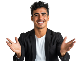 Smiling man expressing joy with open hands indoors, cut out transparent png
