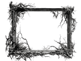 Intricate roots envelop a weathered picture frame, cut out transparent png