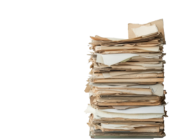 A tall stack of dusty papers on a white background, cut out transparent png