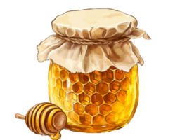 Fresh honey in a glass jar with honeycomb detail, cut out transparent png