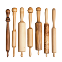 Wooden rolling pins in diverse designs, cut out transparent png