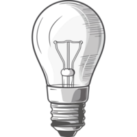 A light bulb is shown in a black and white drawing png