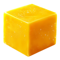 Bright yellow cube of cheese on a plain backdrop, cut out transparent png