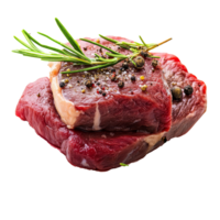 Fresh cuts of beef adorned with herbs and spices, cut out transparent png