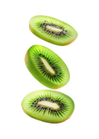 Floating slices of kiwi in the air, cut out transparent png