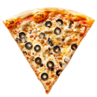 Delicious slice of pizza with olives and sausage, cut out transparent png