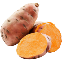 Sweet potatoes on a white background with slices, cut out transparent png