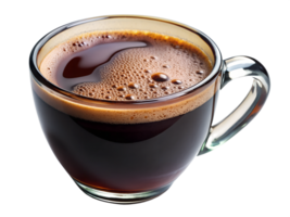 Freshly brewed coffee in a clear glass mug, isolated transparent png