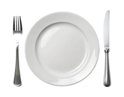 Simple table setting with plate, fork, and knife, isolated transparent png